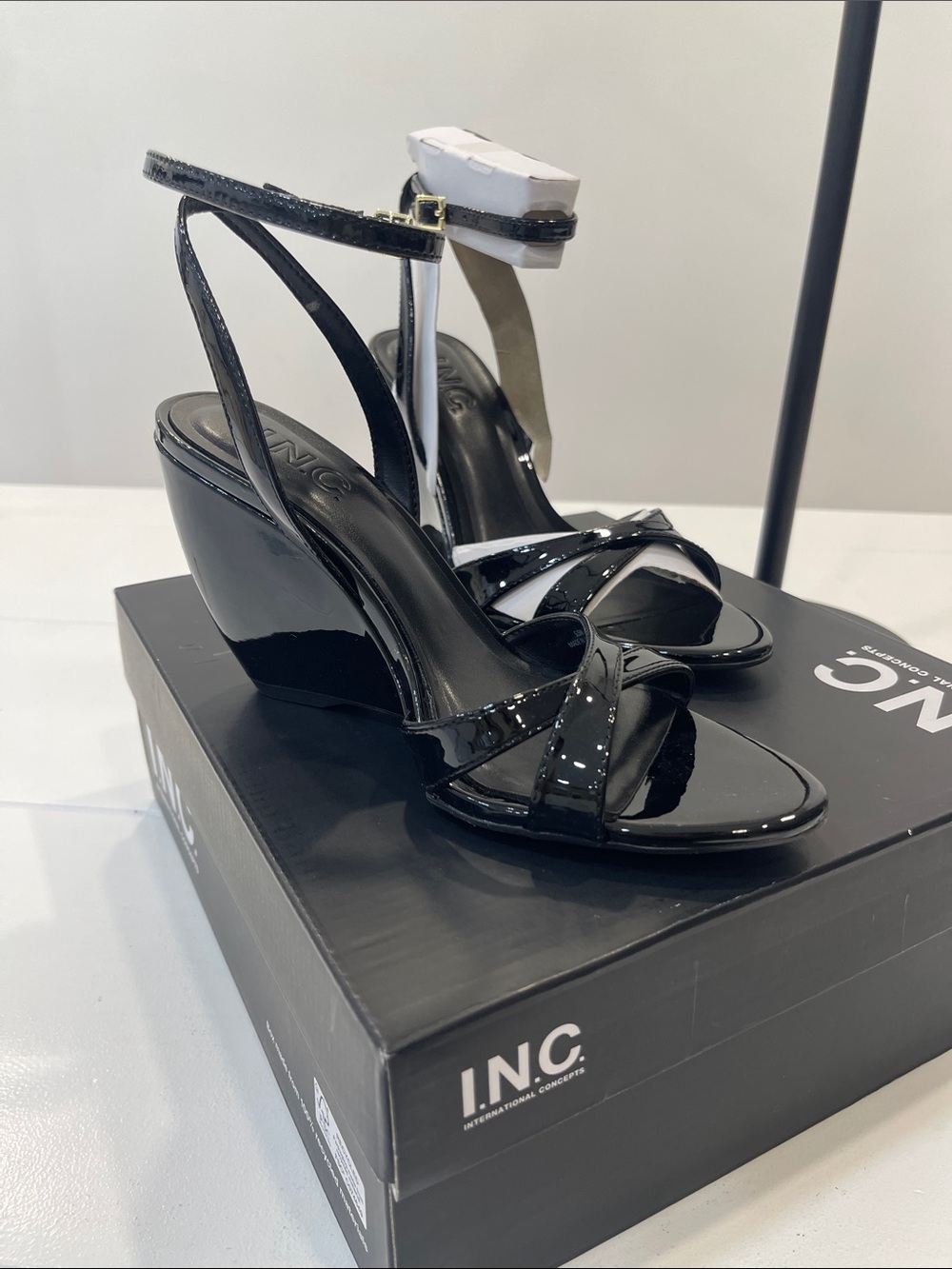 INC International Concepts Black Patent Wedge Sandals with Ankle Strap